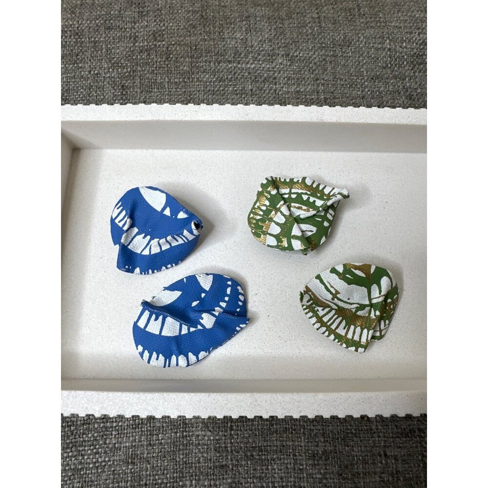 Handcrafted Leaf Clip-On Earrings Set of 2 Blue & Green Fabric Abstract Pattern